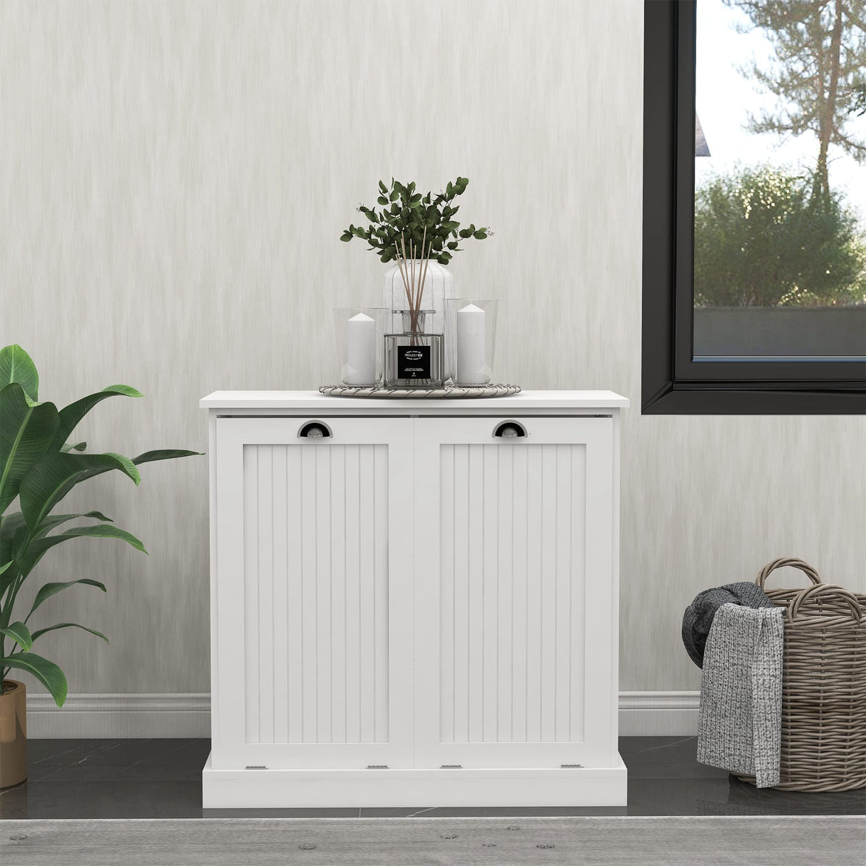 Stylish Locsear White Tilt-Out Laundry Hamper Cabinet with Removable Baskets Locsear