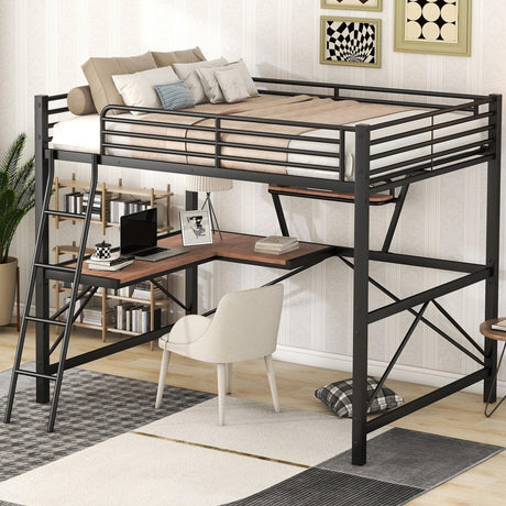 Full Size Loft Bed with Desk and Storage Shelf, Heavy Duty Loft Bed Full Size, Full Loft Bed with Guardrail, Full Loft Bed for Kids, Teens, Full Size Loft Bed Black Bellemave