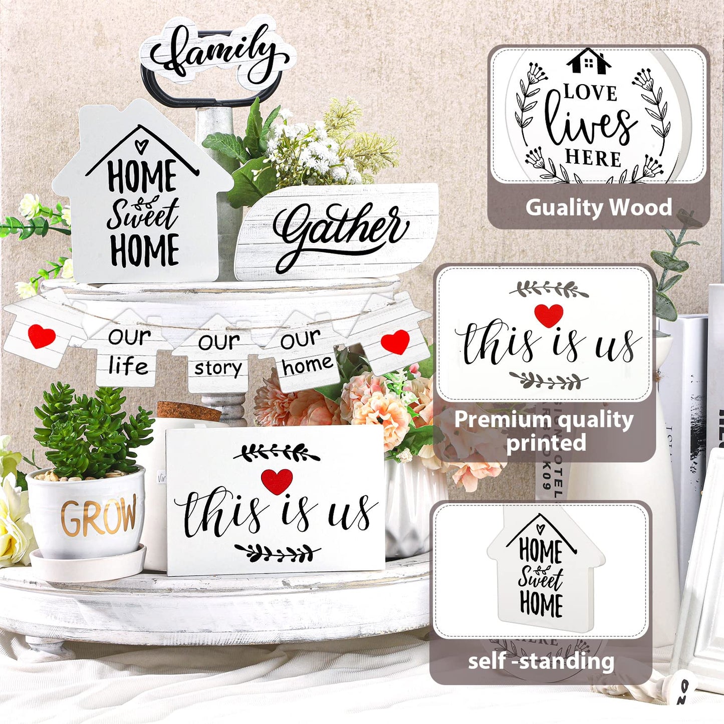 Yalikop 10 Pieces Farmhouse Tiered Tray Decor Wooden Rustic Decorations Home Sweet Home Family Gather Love Wood Block Our Life Our Story Table Signs for Farmhouse Home Kitchen Shelf Coffee(Classic)