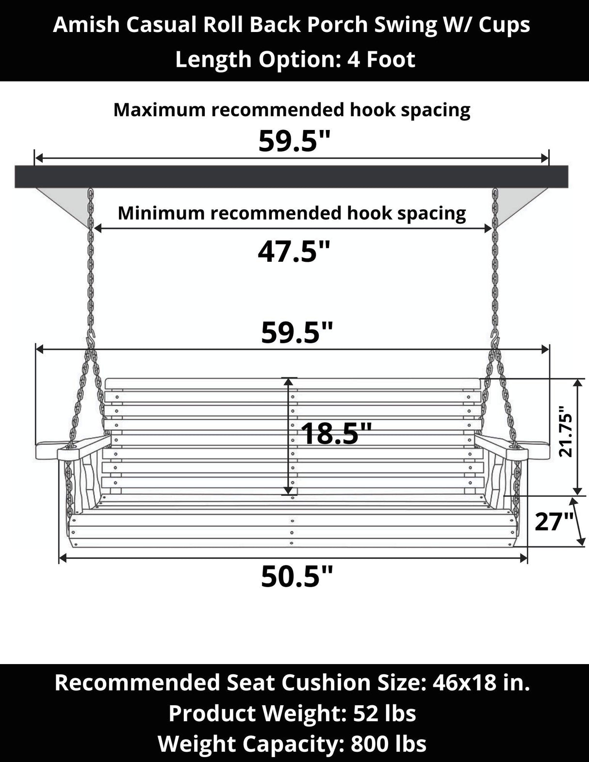 Amish Casual 4 Foot Roll Back Porch Swing with Cup Holders in Cedar Stain - Amish Made in The USA from Treated Pine, Heavy Duty 700 Lb Weight Capacity Amish Casual