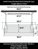 Amish Casual 4 Foot Roll Back Porch Swing with Cup Holders in Cedar Stain - Amish Made in The USA from Treated Pine, Heavy Duty 700 Lb Weight Capacity Amish Casual