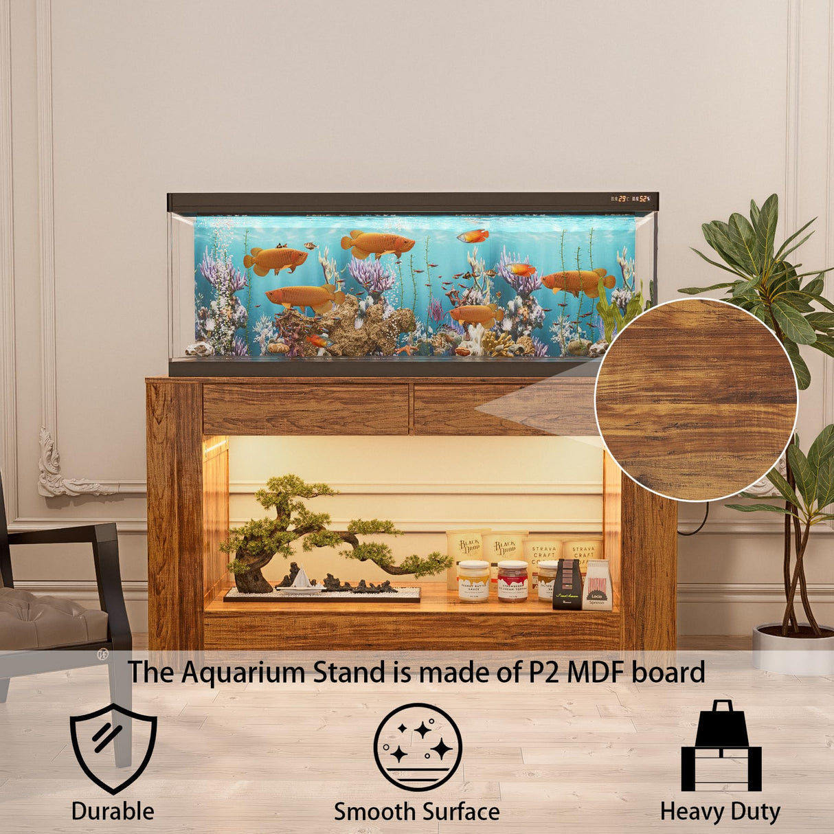 FUXJUM 55-75 Gallon Fish Tank Stand with Power Outlets & LED Light and Drawers,1000LBS Capacity,Aquarium Stand with 55.1" L*18.5" W Tabletop Suitable for Turtle Tank, Reptile Terrarium FUXJUM