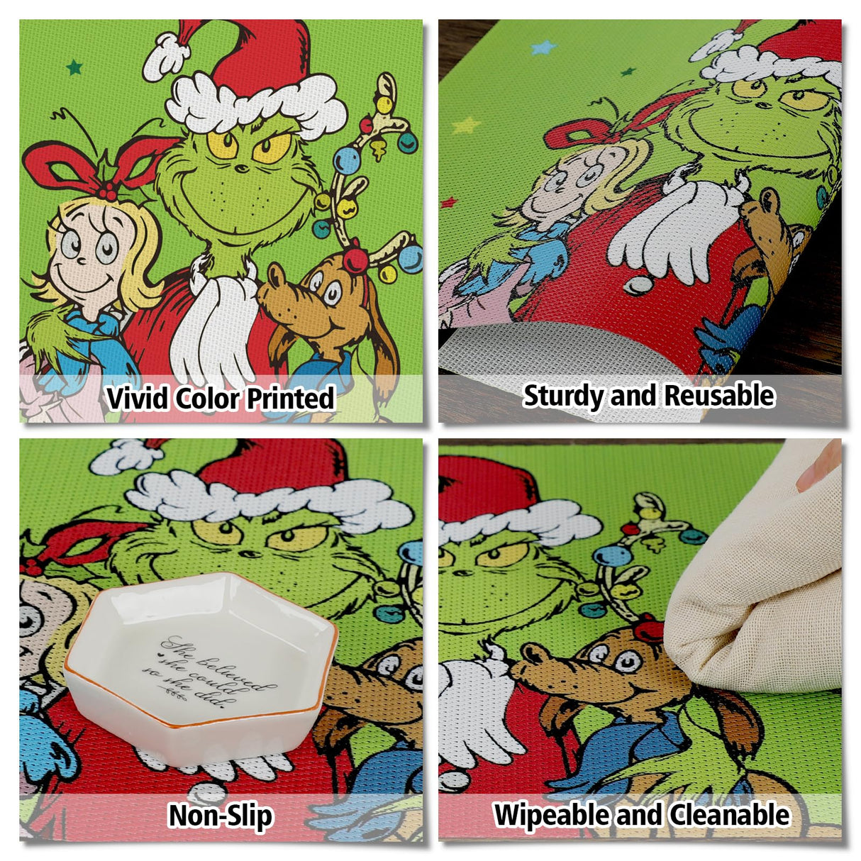 DAZONGE Set of 6 Christmas Table Placemats, Green Xmas Placemats for Dining Table Decor, Washable Table Mats for Christmas Holiday Home Kitchen Decor DAZONGE