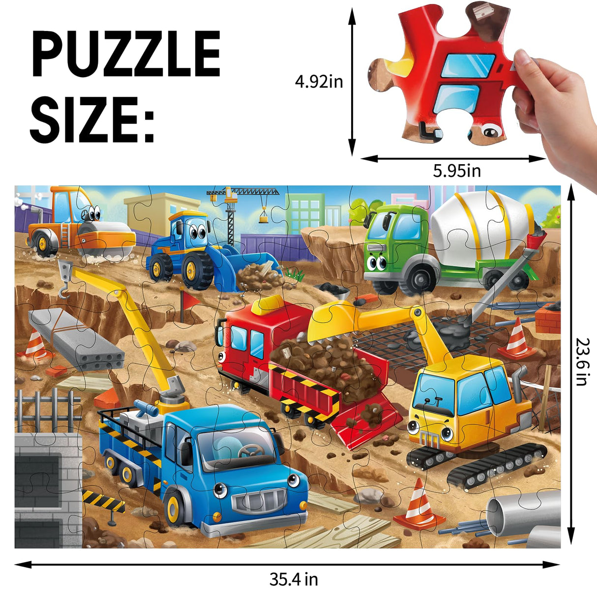 Jumbo Floor Puzzle for Kids,Construction Site Jigsaw Large Puzzles,48 Piece Construction Vehicle Puzzle for Toddler Ages 3-5,Children Learning Preschool Educational Toys,Gift for 4-8 Years Old IFLOVE
