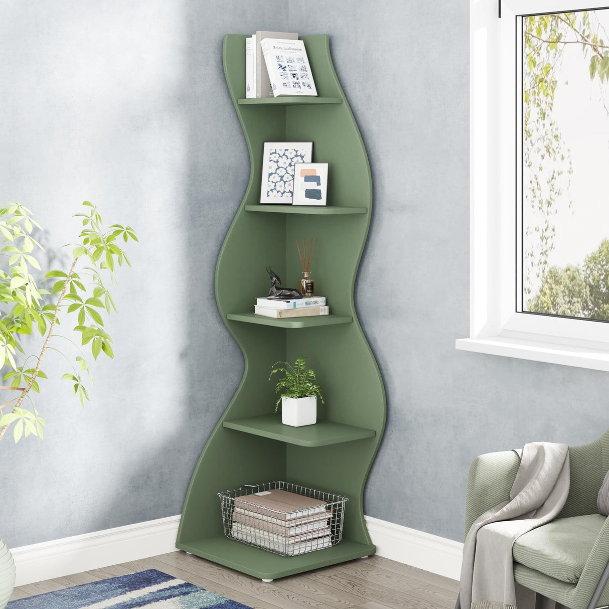 Tribesigns Corner Shelf, Modern 5-Tier Wall Corner Bookshelf, Stylish Corner Small Bookcase Storage Rack Plant Stand with Unique Shape for Living Room, Home Office (Sage Green, 1PC) Tribesigns