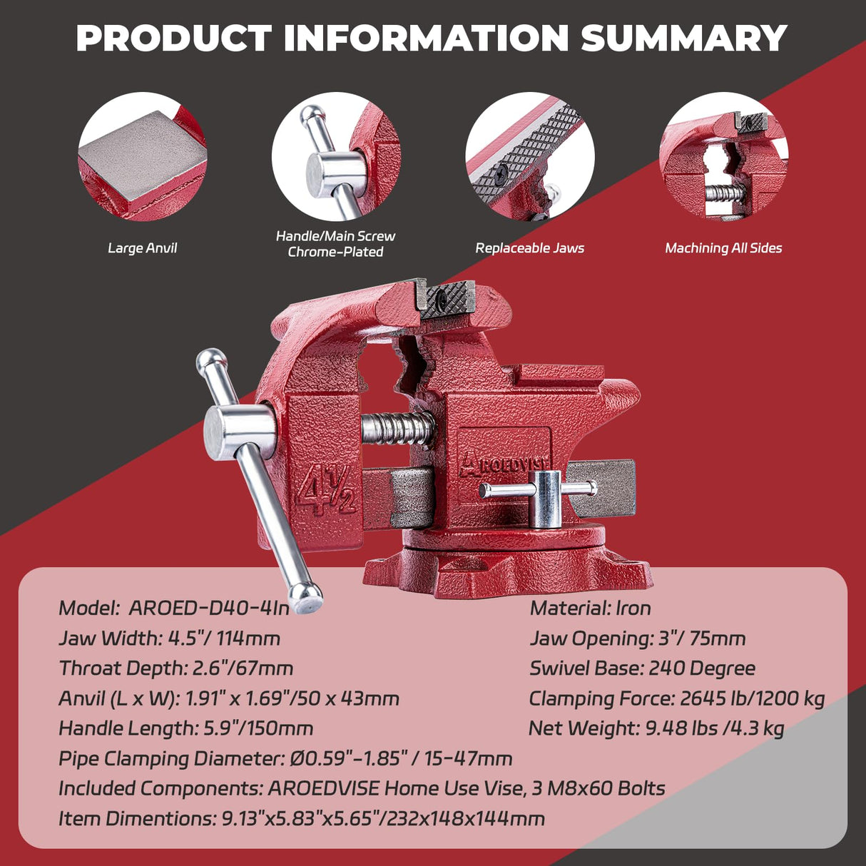 AROEDVISE Home Vise 4-1/2" Jaw Width Bench Vise with a 3 Inch Jaw Opening Home Vise for Woodworking, Drilling, Cutting Cast Iron Red AROEDVISE