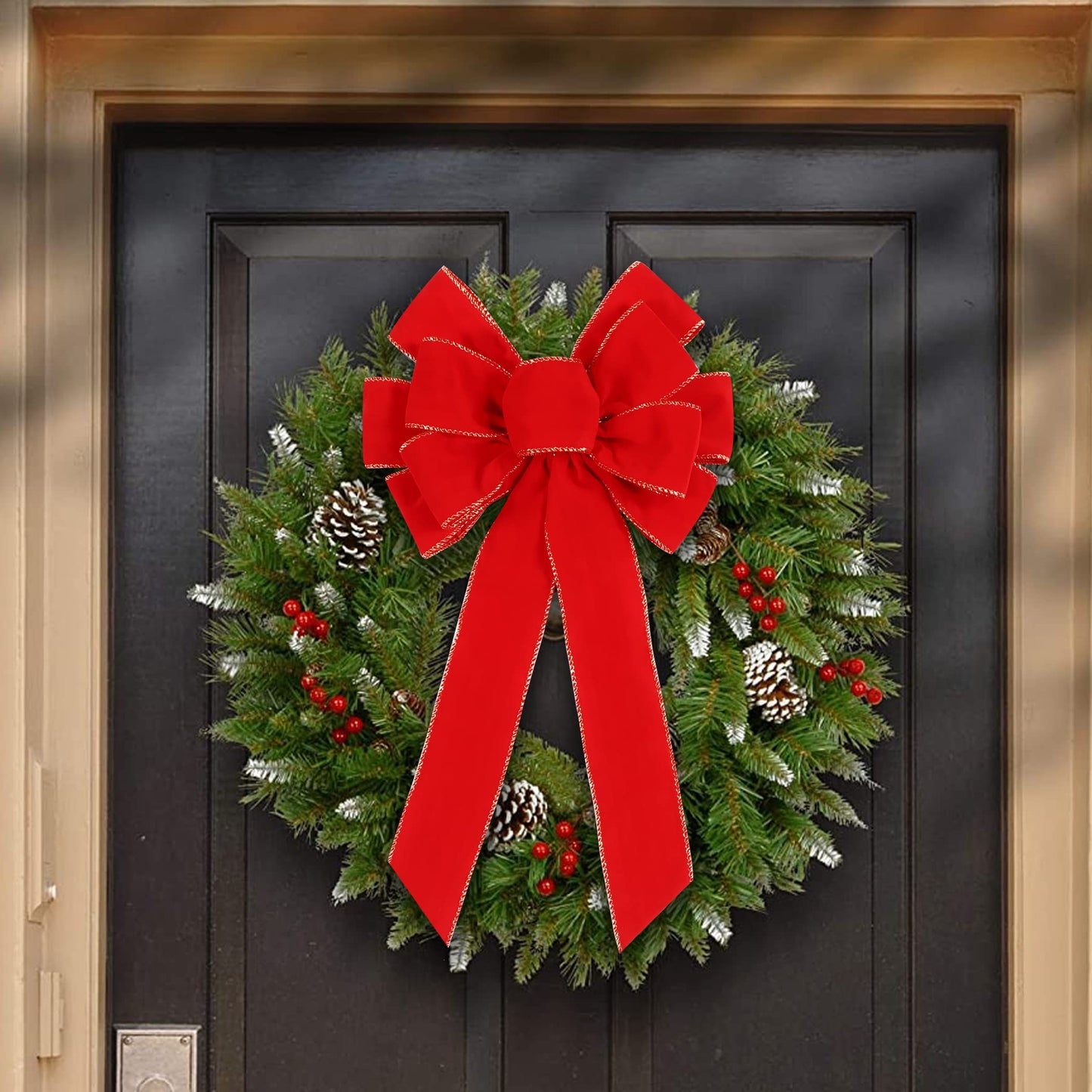 2 Pack Red Christmas Bows Outdoor Decorations,12”x20” Large Christmas Tree Topper Bow, Velvet Wreath Bow with Glitter Gold Edge for Xmas Home Front Door Decor