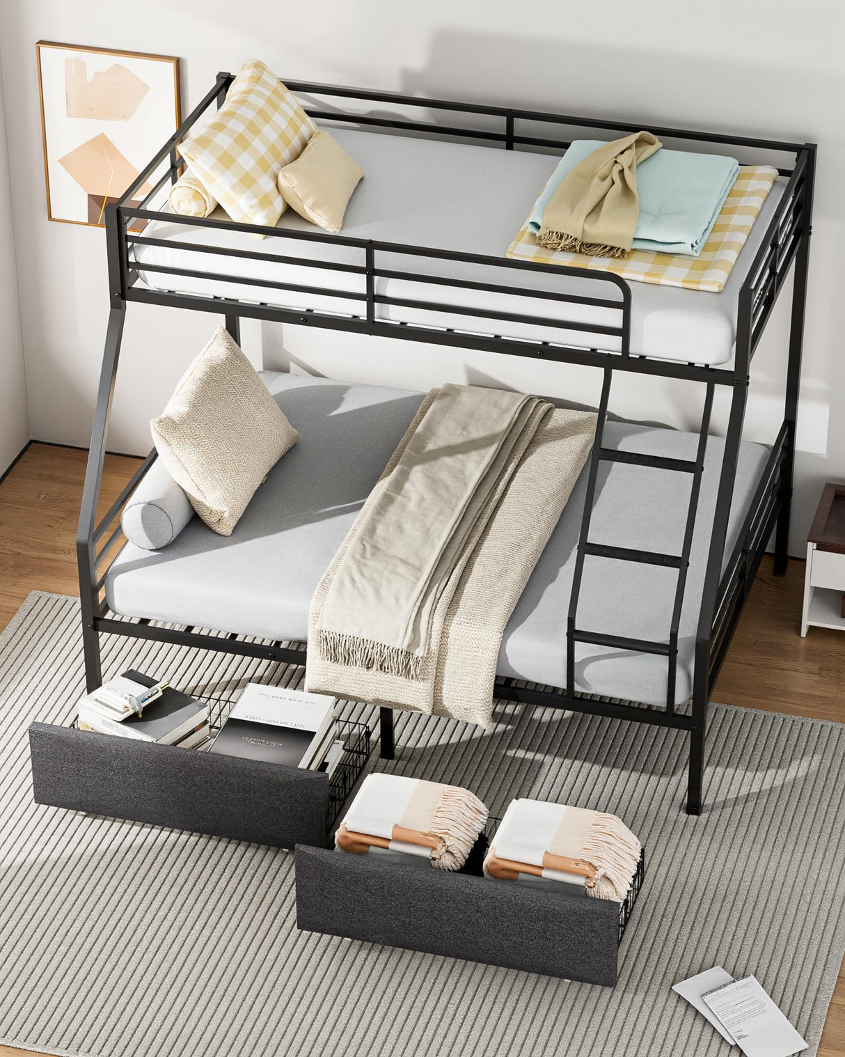 Mixcous Bunk Beds Twin Over Full Size, Heavy Duty Bunk Beds with 2 Storage Drawers, Safety Guardrails & Padded Ladder, Twin Over Full Bunk Bed, No Box Spring Needed, Black Mixcous