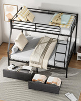 Mixcous Bunk Beds Twin Over Full Size, Heavy Duty Bunk Beds with 2 Storage Drawers, Safety Guardrails & Padded Ladder, Twin Over Full Bunk Bed, No Box Spring Needed, Black Mixcous
