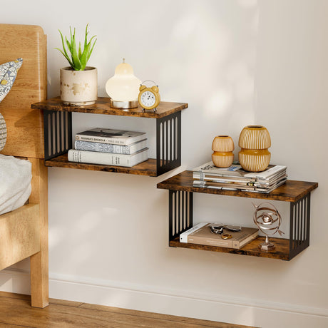 Floating Nightstand Set of 2, 2-Tier Floating Shelves Wall Mounted,Floating Bedside Table Wall Shelf,Display Wall Shelves for Bedroom,Living Room, Bathroom, Kitchen,Rustic Brown YUJSBHJAN