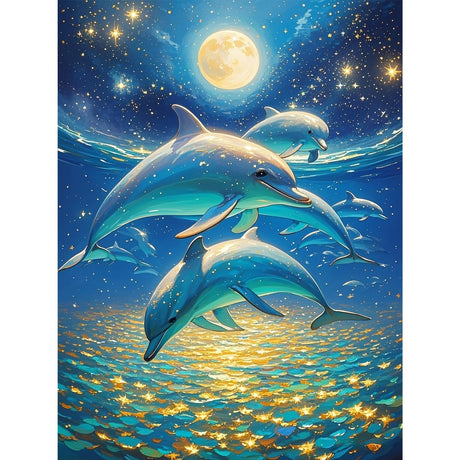 Dolphin 5D Diamond Painting Kit for Adults，Moonlit Ocean Full Drill DIY Round Gem Art Diamond Art Kits Painting Crafts Ideal for Beginners and Home Wall Decor 12X16inch PUSHPIN PAINTING