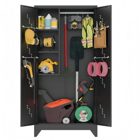 VASAAOSD 75" Metal Storage Cabinet, Tool Cabinet with Hooks, Garage Storage Cabinet with Lock, Heavy-Duty Tool Storage Cabinet for Utility Room, Gym, Basement, Broom Closet Cabinet, Black - WoodArtSupply