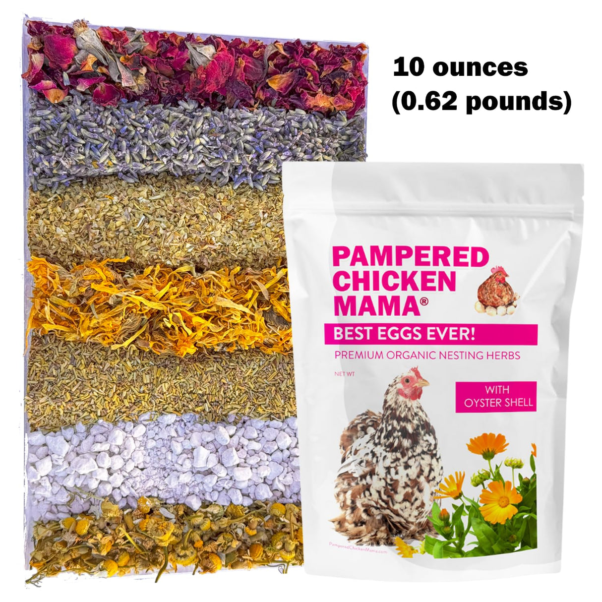 Pampered Chicken Mama Best Eggs Ever! Nesting Herbs for Chickens (10 Ounces) Calcium Supplement for Chickens | Chicken Feed Supplies, Hen Treats for Coops Pampered Chicken Mama