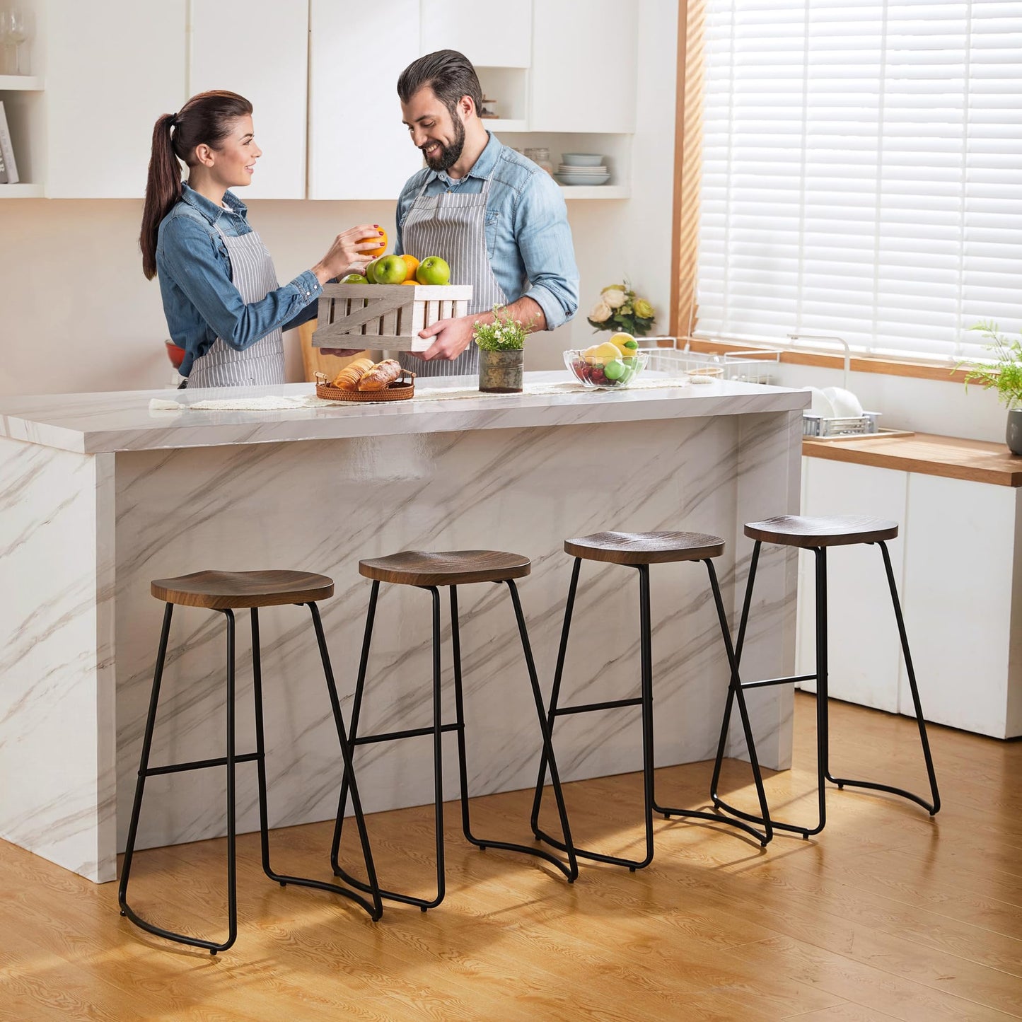 HeuGah Bar Stools Set of 4, Saddle Seat Wooden Barstools for Kitchen Island, 30" Brown Bar Height Stools with Footrest (Brown, 4 PCS 30Inch Barstool) - WoodArtSupply