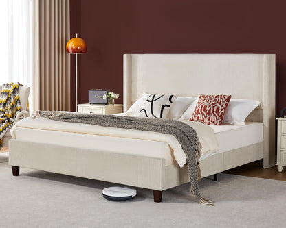 VanAcc King Size Modern Beige Upholstered Platform Bed Frame with Wingback and Tufted Headboard - WoodArtSupply