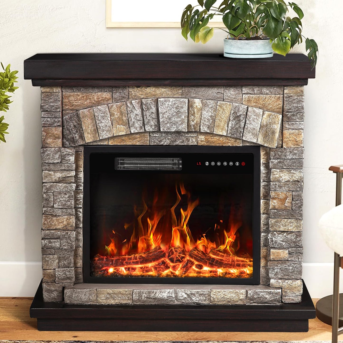 PUKAMI Electric Fireplace with Mantel,Freestanding Stone Fireplace Heater TV Stand with Remote Control, Realistic Flame Effect and 3D Log, 750W/1500W (36 inch)