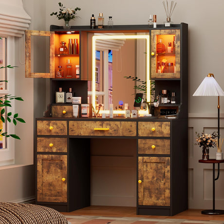 CSZZD Makeup Vanity Desk with Mirror and Lights in 3 Colors, Dressing Vanity Table with Charging Station, Large Vanity Mirror with 6 Storage Drawers & 2 RGB Cabinets for Girls, Women, Rustic Brown CSZZD