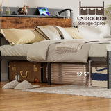 Furnulem Rustic Queen Platform Bed Frame with RGB LED Lights & Integrated Storage Headboard Furnulem