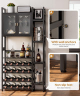 Cozivolife Wine Rack Freestanding Floor,Liquor Bottles Display Organizer with Doors Glass Holder,4 Tiers for Alcohol Accessories Storage and Side 4-Layer Shelves (Black) Cozivolife