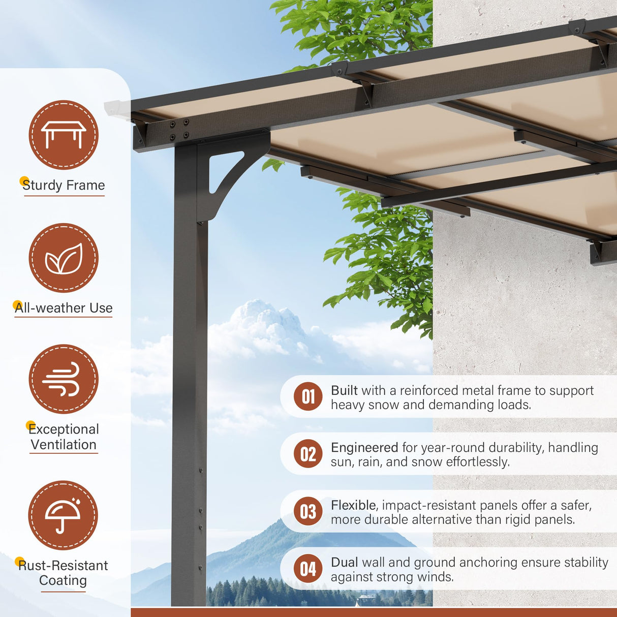 Oakcloud 10' x 12' Outdoor Wall Mounted Gazebo, Patio Lean to Gazebo Pergola with Sloped Roof, Large Heavy Duty Awning for Patio, Backyard, Deck Oakcloud
