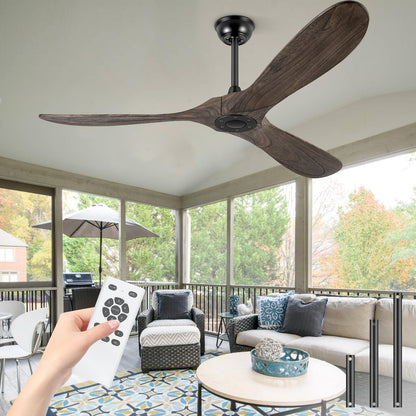 BOOSANT 60" Ceiling Fans Without Light, Solid Wood Ceiling Fan with Remote Control and Quiet DC Motor, No Light, Modern Ceiling Fan with 3 Blades, Indoor Outdoor Ceiling Fans for Patios-Deep Brown