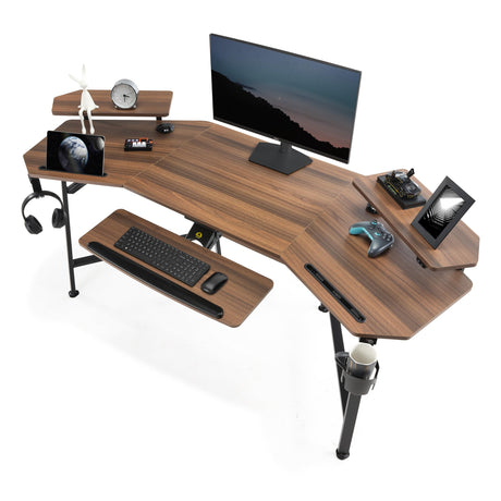 EUREKA ERGONOMIC 72" Computer Desk W Keyboard Tray, Wing-Shaped Music Studio Desk, Large Gaming Desk W LED Convertible Monitor Stand Dual Headphone Hanger for Recording Live Streamer, Walnut Wood EUREKA ERGONOMIC