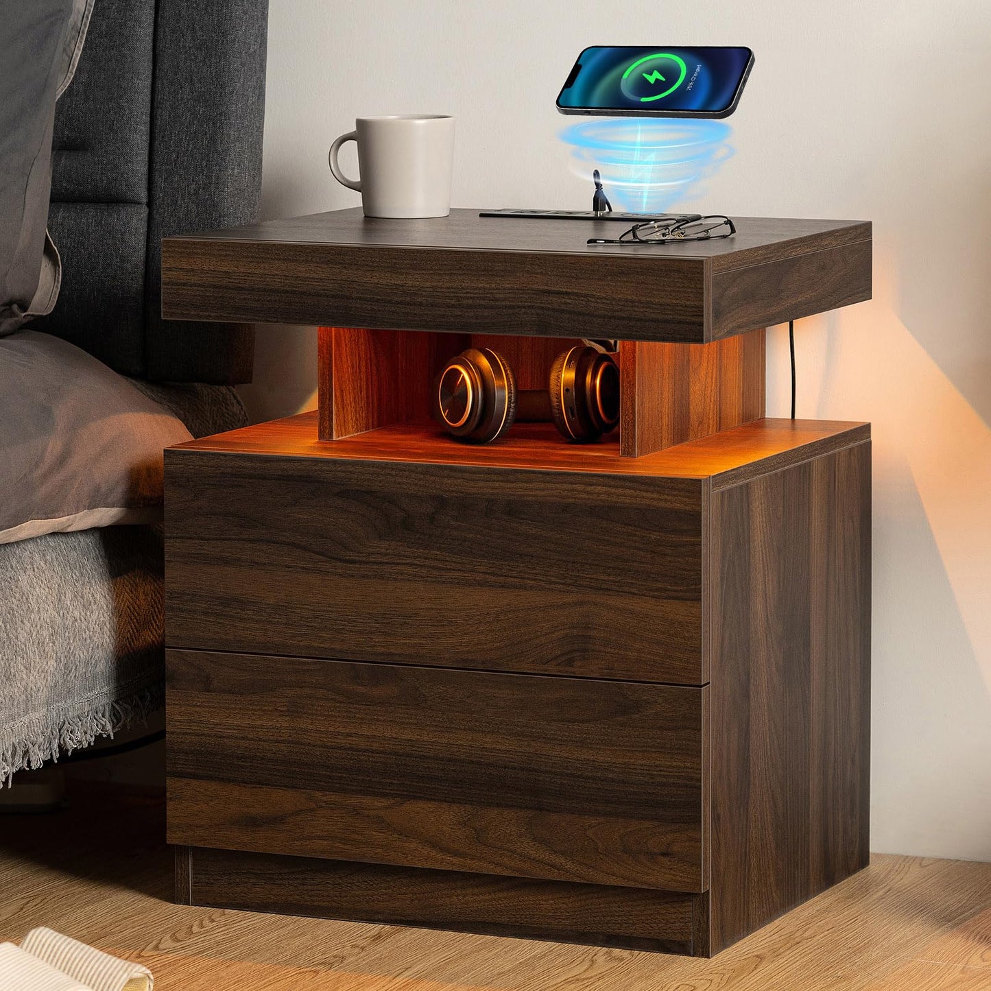 HOMMPA LED Nightstand with Wireless Charging Station Dark Walnut Wood Bedside Table with Led Light Smart Nightstand USB Port Type C Night Table with 2 Drawers Mid Century LED Night Stand for  - WoodArtSupply