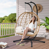 Nevsokio Double Egg Swing Chair with Stand - 2 Person Hammock Egg Chair for Outdoor, Patio, Garden & Balcony - Heavy-Duty Steel Frame, All-Weather Pe Rattan & Uv-Resistant Cushions (White) Nevsokio