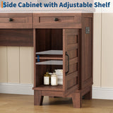 Vanity Desk with HD Mirror, LED Lights and Charging Station, Farmhouse Makeup Table with 2 Drawers and Cushioned Stool Dressing Table Shelves and Side Organizer for Bedroom Dressing Room, Brown GarveeHome