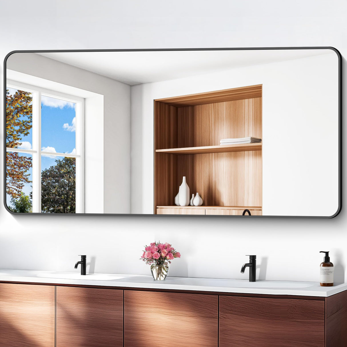 BONEWEI 72x36 inch Large Bathroom Mirror,Black Rectangle Mirror,Wall Mounted Bathroom Frame Vanity Mirror with Round Corner for Bedroom Living Room,Entryway Hangs Horizontal or Vertical BONEWEI