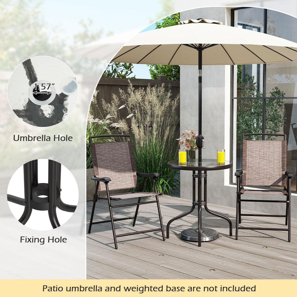 Goplus Bistro Table and Chairs Set of 2, Outdoor 3 Piece Patio Bistro Set with 1.57” Umbrella Hole, Tempered Glass Tabletop, 2 Folding Chairs, Small Patio Furniture Dining Set for Garden, Balcony Goplus
