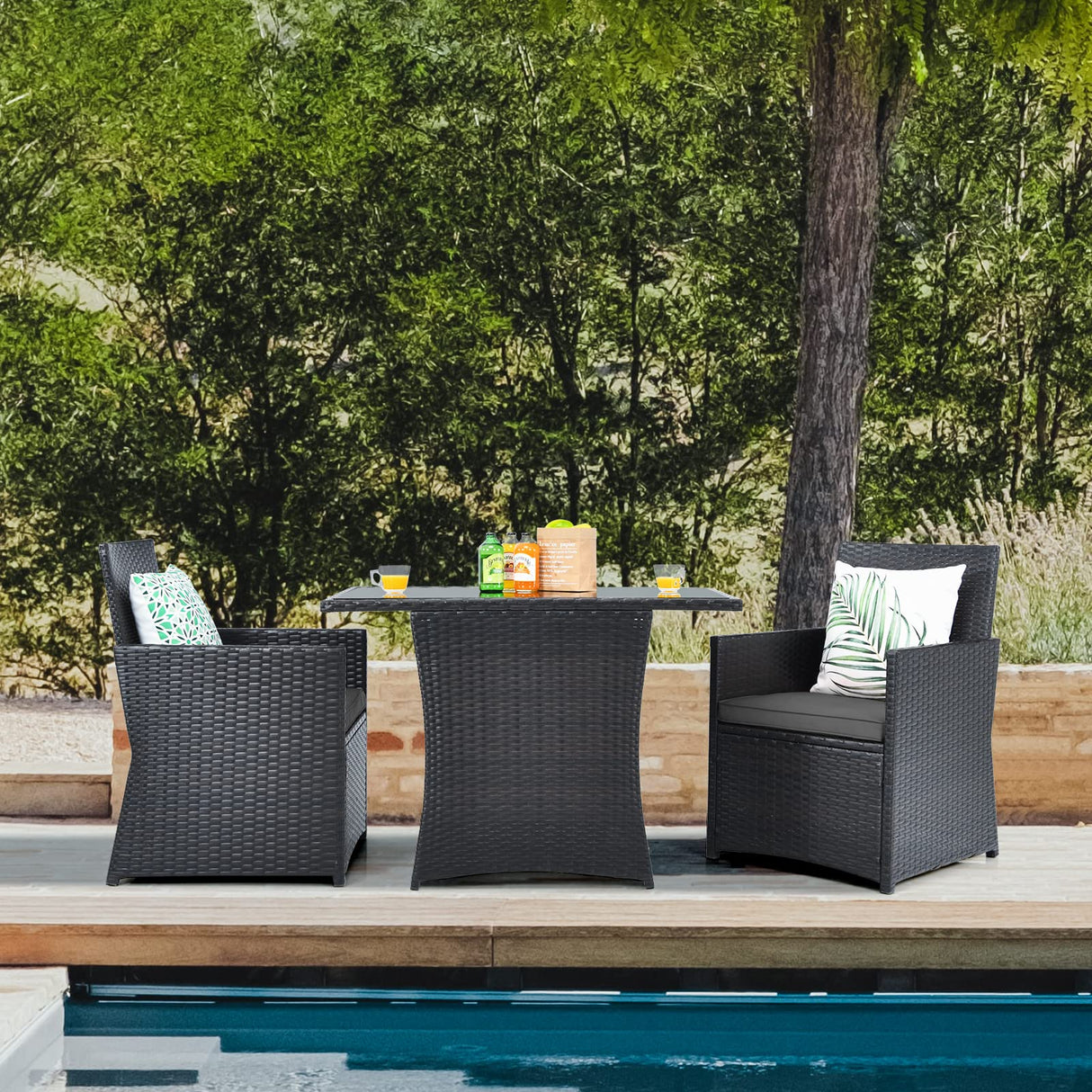 HAPPYGRILL 3 Piece Outdoor Wicker Bistro Set PE Rattan Dining Table Set with Cushioned Chairs, Patio Conversation Set for Backyard Porch Garden and Poolside HAPPYGRILL