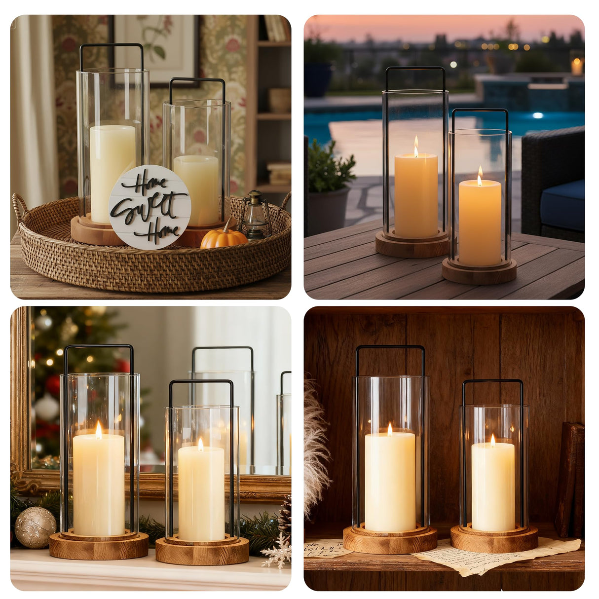 Houmury Set of 2 Hurricane Candle Holders Lantern 12” & 10”with Wood Base Metal Handle Glass Cylinder Modern Farmhouse Decor for Home Decoration, Table Centerpieces Houmury
