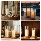 Houmury Set of 2 Hurricane Candle Holders Lantern 12” & 10”with Wood Base Metal Handle Glass Cylinder Modern Farmhouse Decor for Home Decoration, Table Centerpieces Houmury