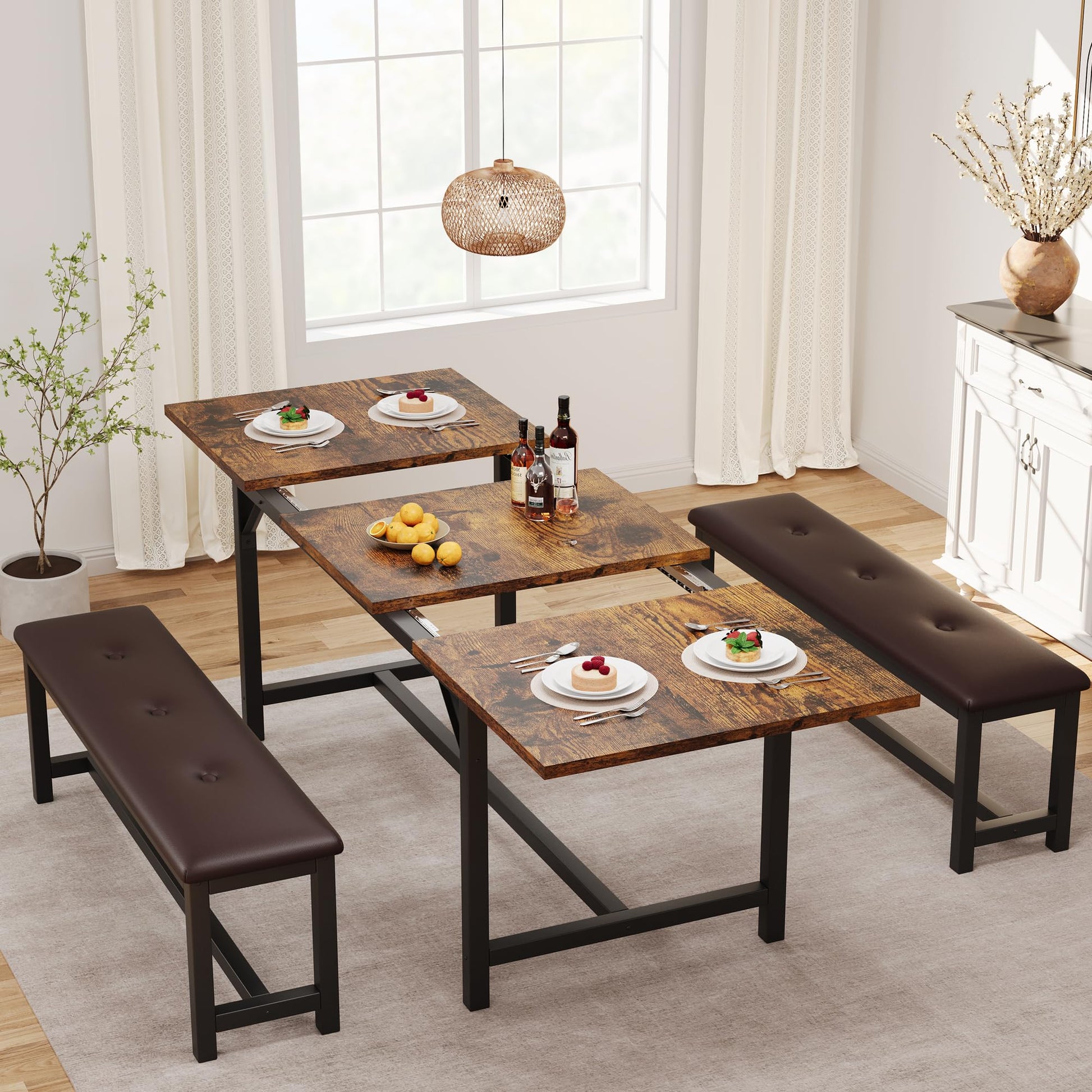 GAOMON Dining Room Table Set for 4-6, 63" Extendable Dining Table Set for 6, Kitchen Table with 2 Upholstered Benches, Dining Room Extendable Table Set for Small Space, Apartment, Rustic Brow - WoodArtSupply