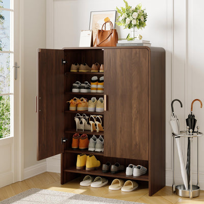 ONBRILL 6-Tier Shoe Storage Cabinet, 45'' Large Farmhouse Shoe Cabinet for Entryway, Modern Wooden Shoe Rack Organizer with Doors and Shelves, for Front Door Hallway (Walnut)