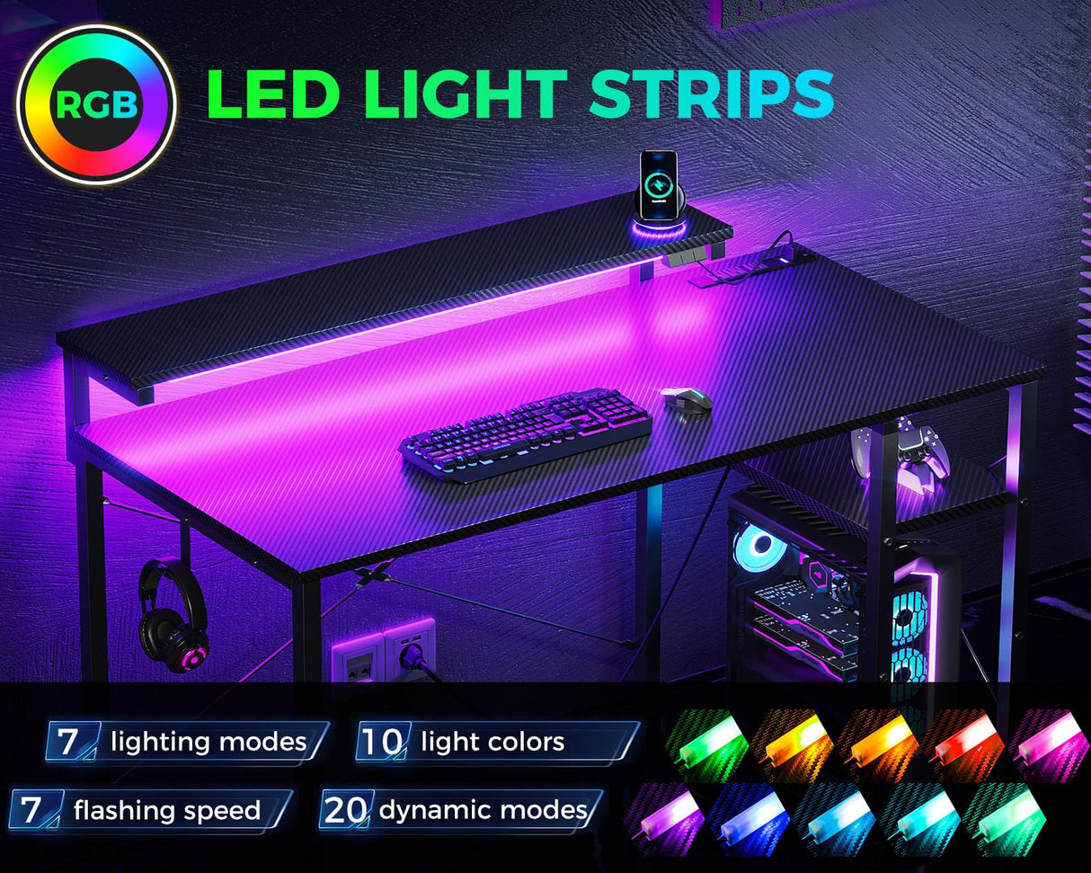 MOTPK Gaming Desk with Led Lights & Power Outlet, 40 Inch Small Gaming Computer Desk with Shelves, Reversible Gamer Desk Table with Adjustable Monitor Stand & Headphone Hook, Carbon Fiber Texture MOTPK