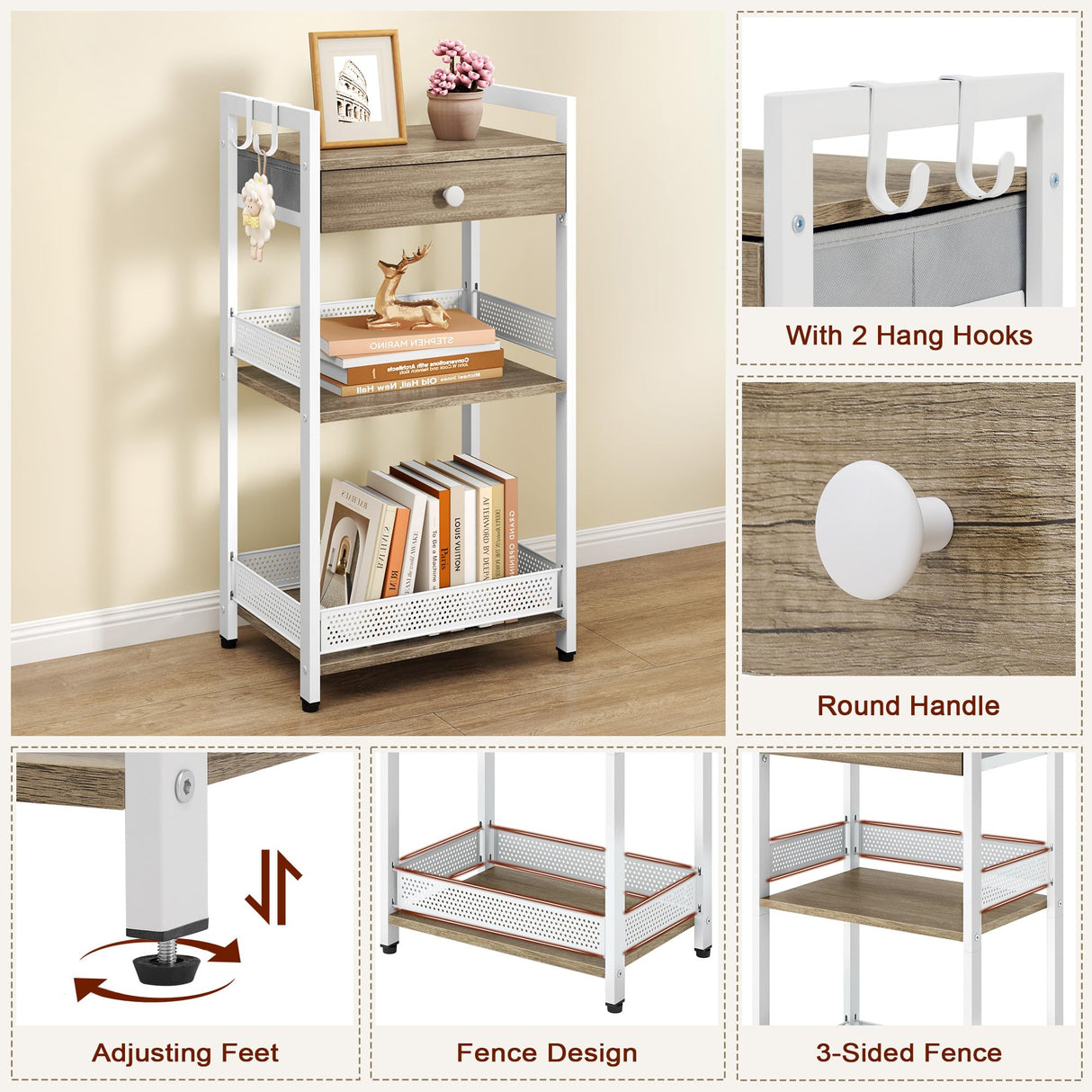 FAVOOSTY 3-Tier Bathroom Ladder Shelf Floor Storage Shelf with Drawer Freestanding Shelving Unit Bookcase End Table for Bathroom Living Room,Balcony-White FAVOOSTY