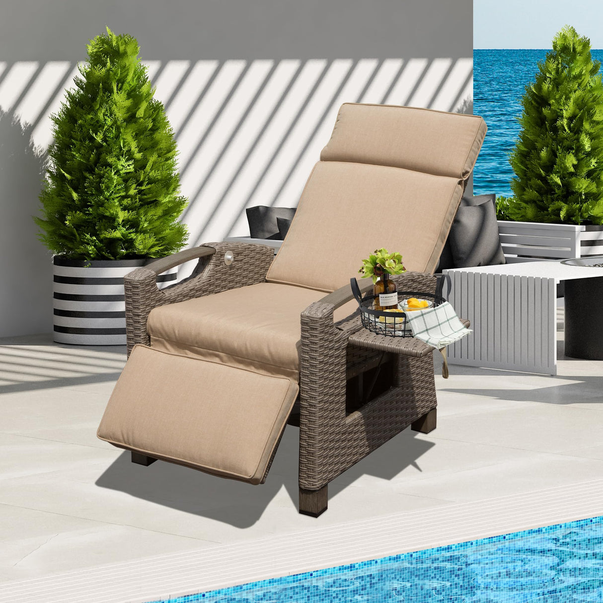 Domi Outdoor Recliner Chair, Patio Recliner with Hand-Woven Wicker, Flip Table Push Back, Adjustable Angle, Thickness Cushions, Reclining Lounge Chair for Indoor & Outdoor Use, Beige domi outdoor living