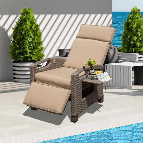 Domi Outdoor Recliner Chair, Patio Recliner with Hand-Woven Wicker, Flip Table Push Back, Adjustable Angle, Thickness Cushions, Reclining Lounge Chair for Indoor & Outdoor Use, Beige domi outdoor living