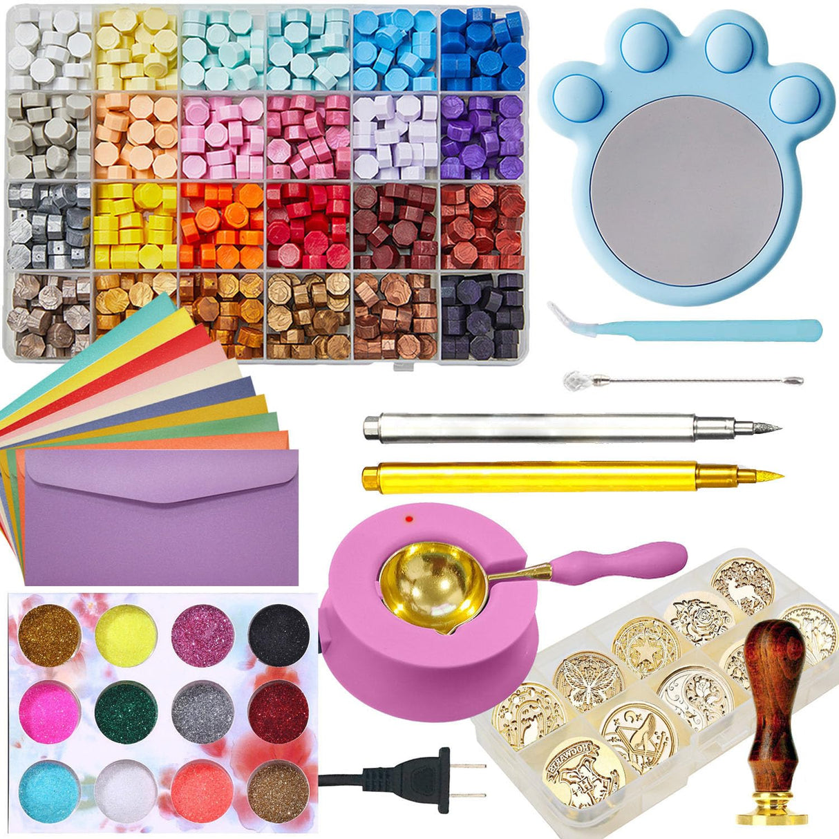 kimystam Electric Wax Seal Heater and Stamp Kit, 10 pcs Seal Heads, 24 Colors and 600 Pcs Beads, 10 envelopes, 12 Color Glitter, Smokeless Warmer, 2 pcs Metallic Pen (SimpleBox) kimystam