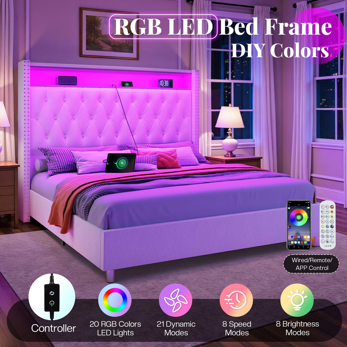 Jocisland King Size Bed Frame 53.6'' Tall Storage Headboard with LED Lights & Charging Station, Velvet Upholstered Button Tufted Wingback Platform Beds, No Box Spring Needed, USB Ports, Cream Jocisland