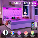 Jocisland King Size Bed Frame 53.6'' Tall Storage Headboard with LED Lights & Charging Station, Velvet Upholstered Button Tufted Wingback Platform Beds, No Box Spring Needed, USB Ports, Cream Jocisland