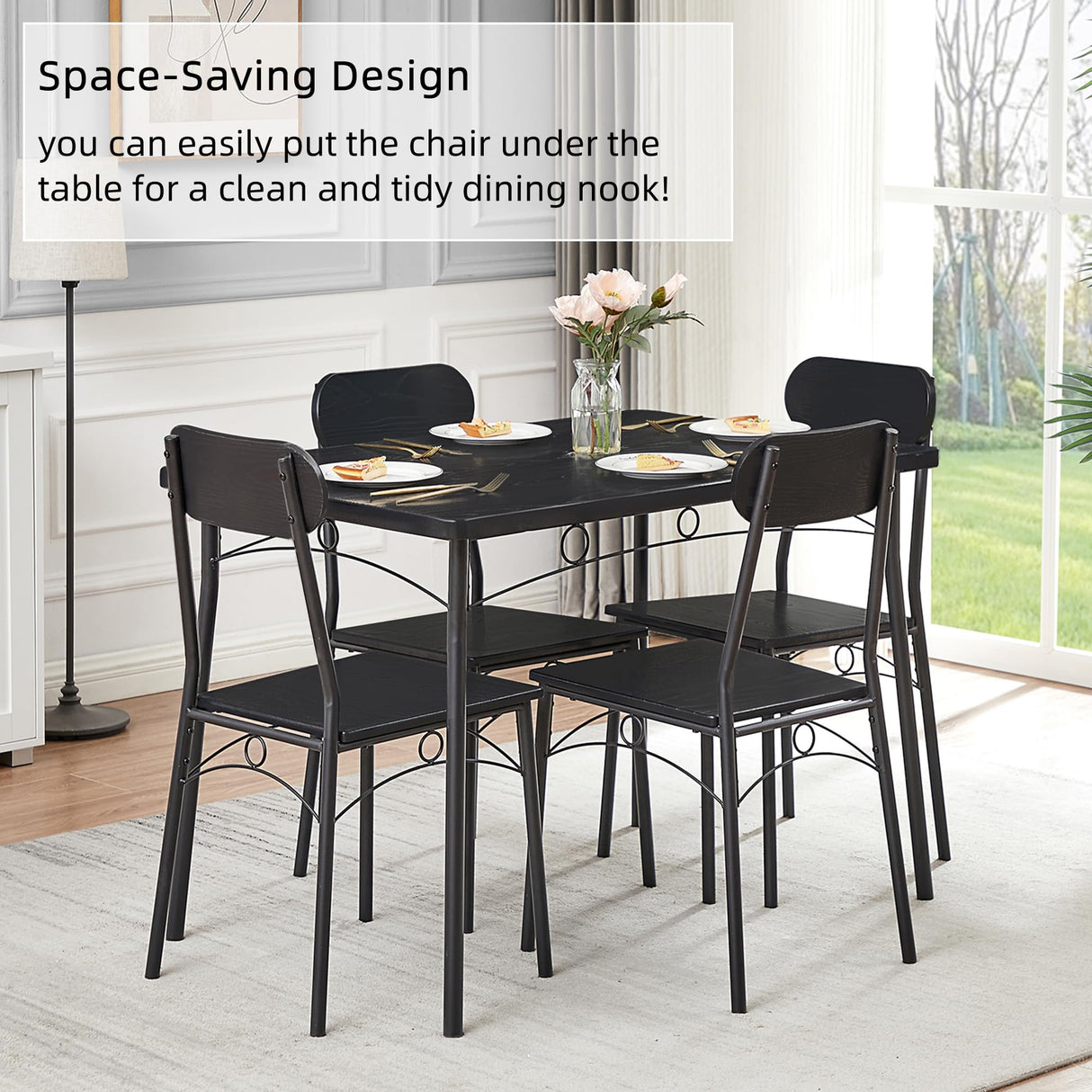 VECELO Dining Table Set for 4, 5 Piece Dinette with Chairs for Kitchen, Breakfast Nook and Small Space, Black VECELO