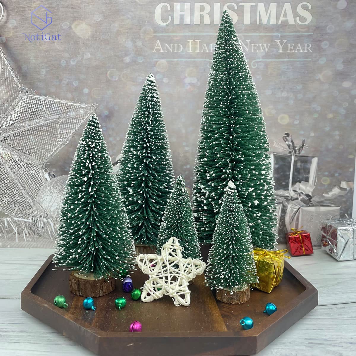 NotiGat Mini Christmas Tree Bottle Brush Christmas Trees with Wooden Bases Christmas Decorations for Party Table top decer Christmas Tree （5pcs） NotiGat