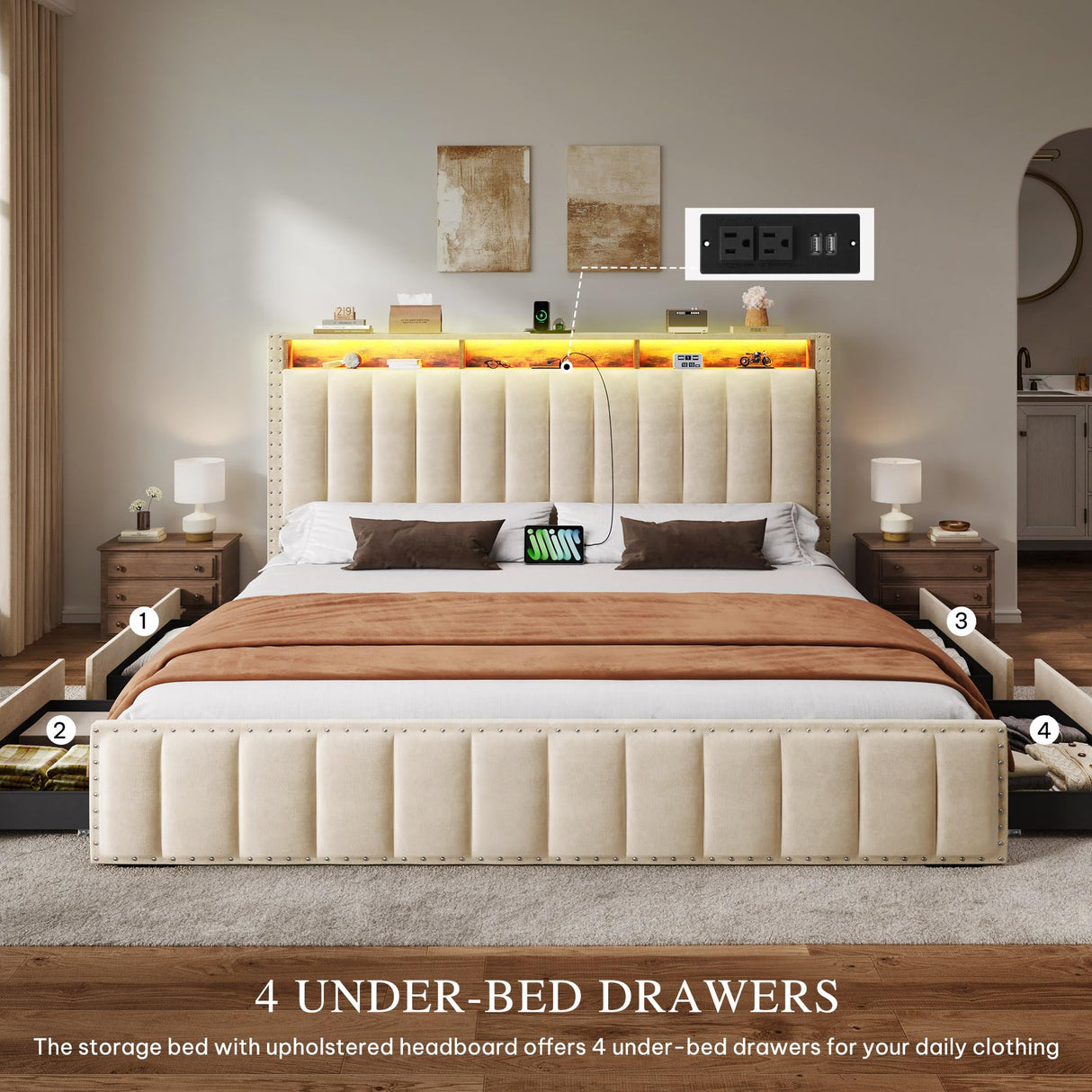 DWVO Queen Size Bed Frame with 4 Storage Drawers and RGB LED Lights, Velvet Upholstered Platform Bed with Charging Station and Storage Headboard, No Box Spring Needed, Easy Assembly, Beige DWVO