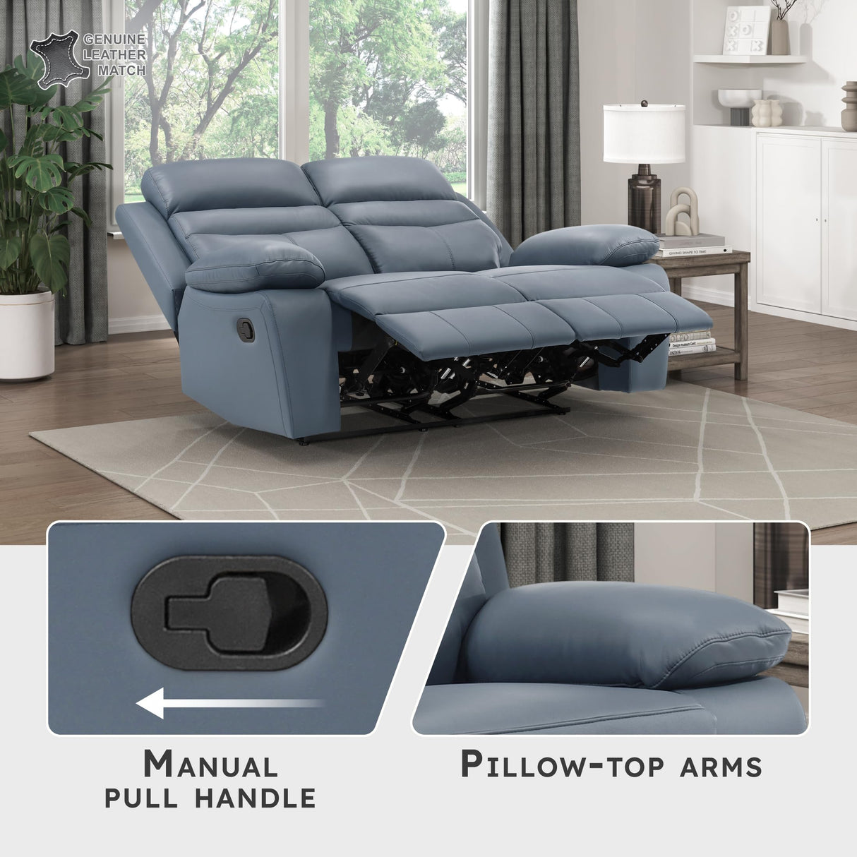 Lexicon 64" W Manual Reclining Loveseat, Top Grain Leather Match Reclining Love Seat, Home Theater Seating, Wall Hugger Recliner Couch, Manual Double Recliner RV Couch for Living Room, Blue Lexicon