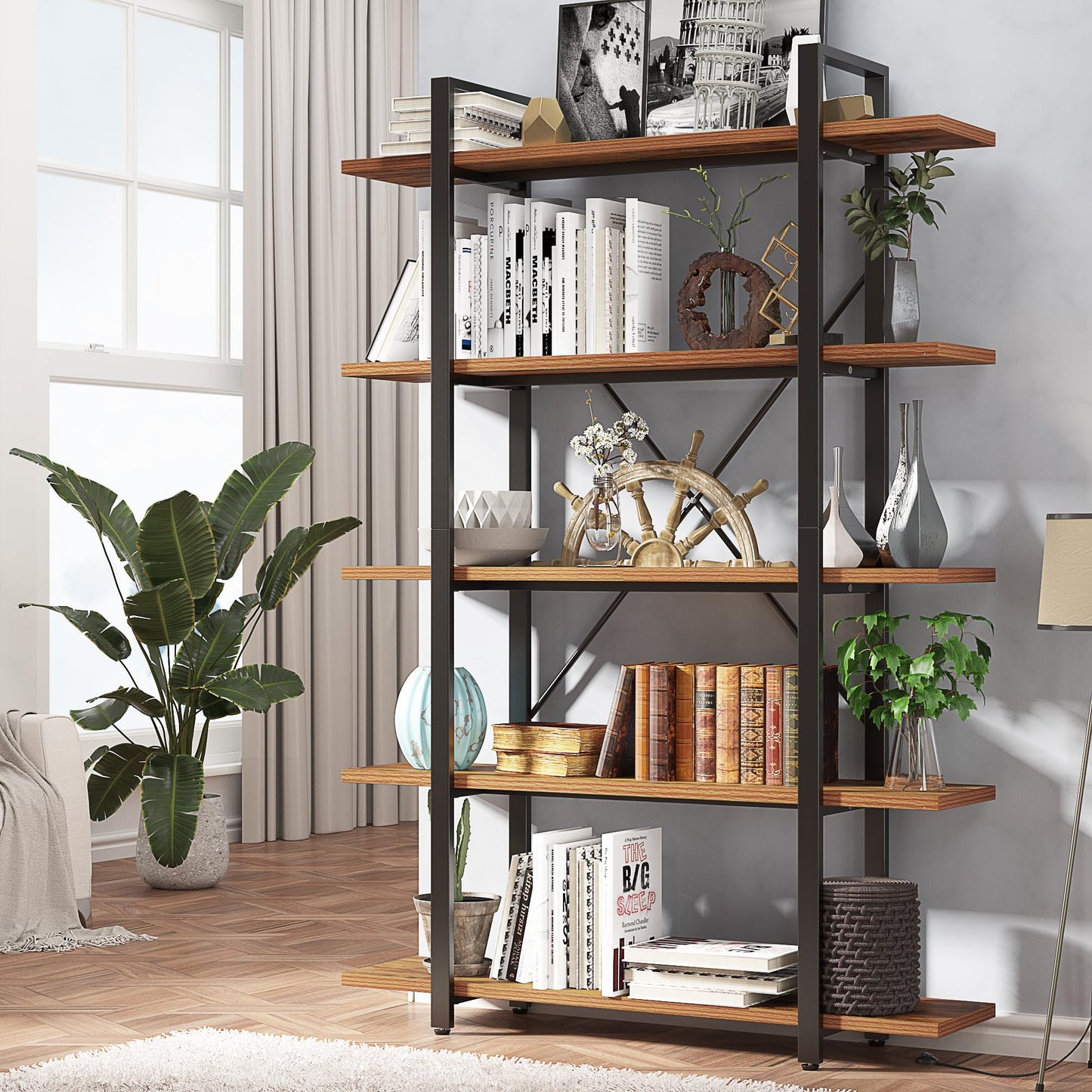 BATHWA 5-Tier Rustic Industrial Bookshelf - 6ft Tall Wooden and Metal Bookcase for Home & Office Storage - WoodArtSupply