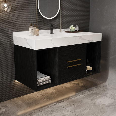 GAFFERIT 39.4" Bathroom Vanities with Ceramic Sink,Floating Bathroom Vanity,Wall Mounted Storage Cabinet with 2 Drawers and 2 Storage Spaces,Modern Bathroom Sink Cabinet with Metal Handles (Black) GAFFERIT