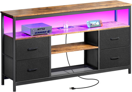 Huuger TV Stand Dresser with Power Outlets and LED Lights, 4 Drawers Entertainment Center with Shelves, 54 Inch Media Console for 55 60 Inch TV, PU Finish, Rustic Brown and Black Huuger